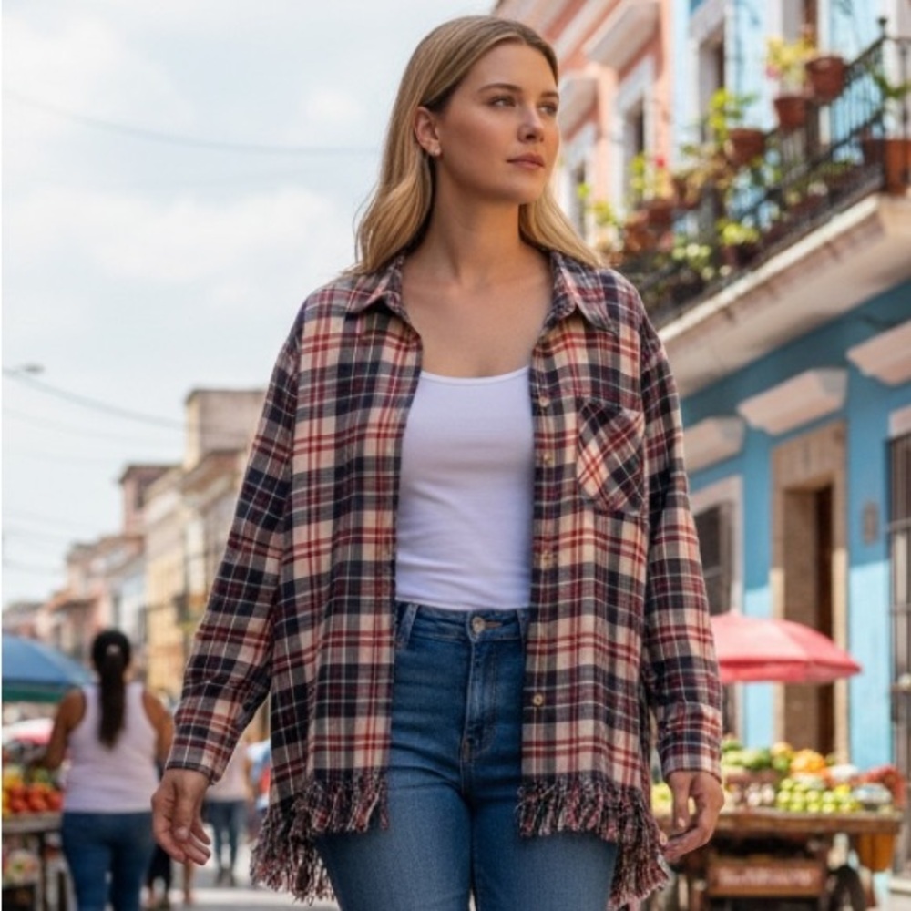 White Crow‎ Plaid Flannel Shirt Jacket Shirt Fringe Hem Red Blue Tan Size Small